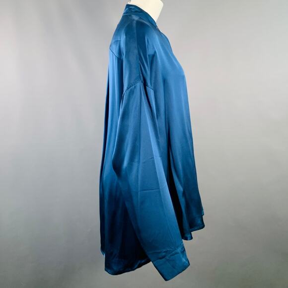 HAIDER ACKERMANN Size S Teal Silk Satin Nehru Collar Hidden Buttons Shirt - Picture 2 of 6